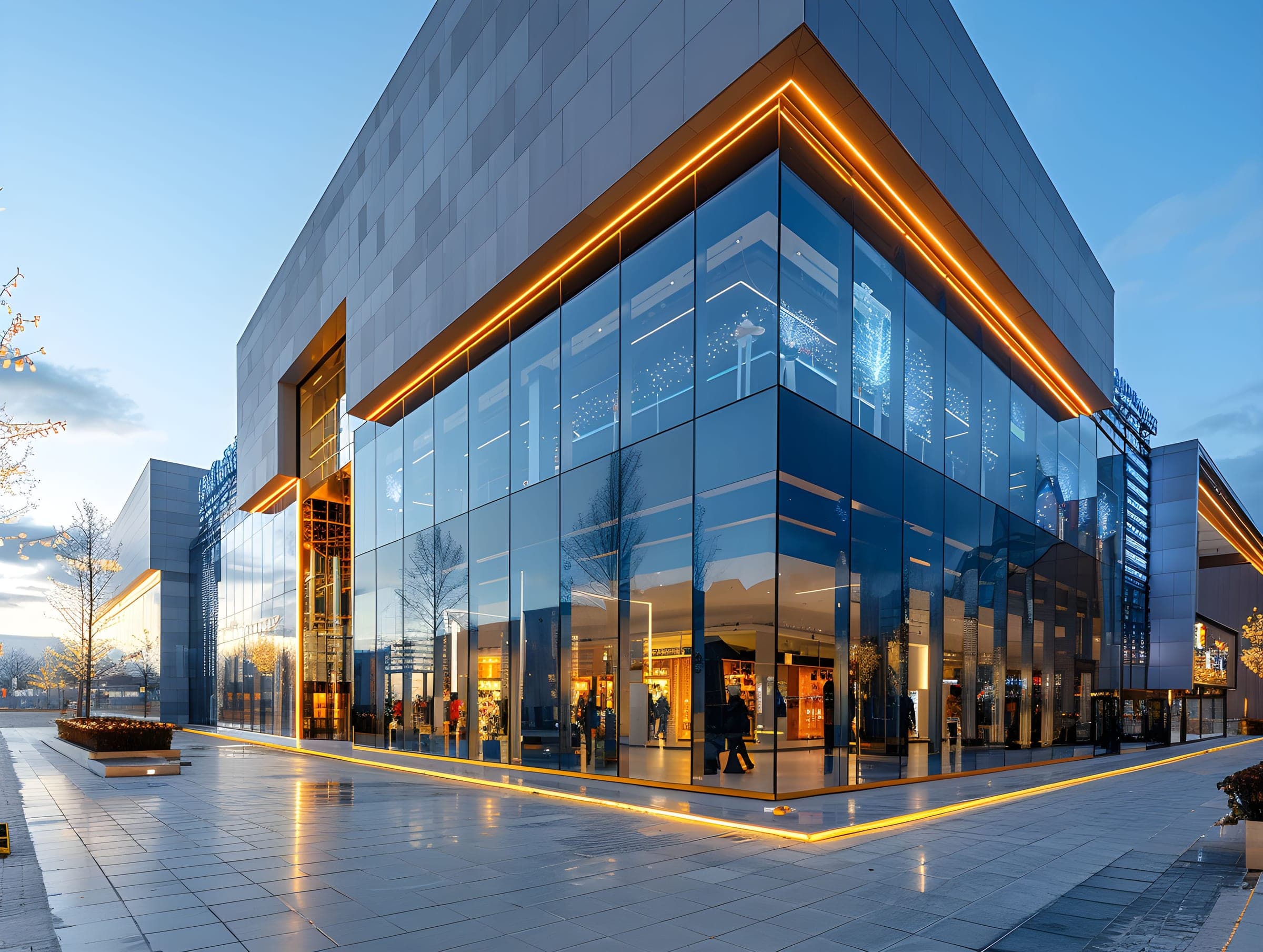 Clădire comercială modernă din sticlă, iluminată la apus